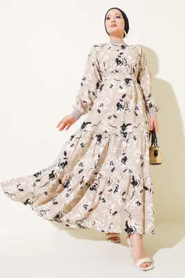 Etek Pileli Çiçek Desenli Elbise Bej - Elbise