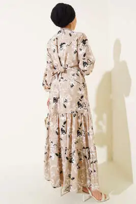 Etek Pileli Çiçek Desenli Elbise Bej - Elbise