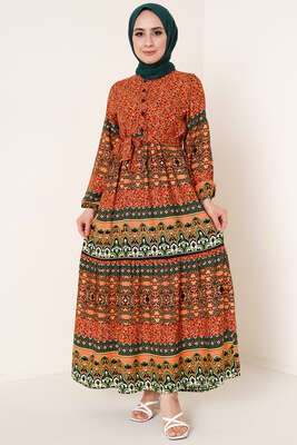 Etnik Çiçek Desenli Elbise Oranj
