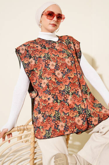 Etnik Desen Çıtçıtlı Yelek Kiremit - Yelek