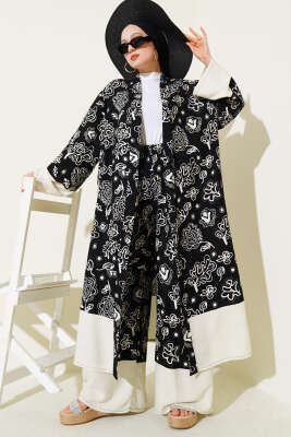 Etnik Desen Kimono İkili Takım Bej Siyah 
