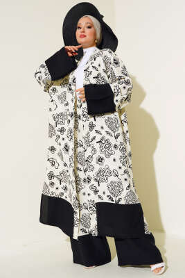 Etnik Desen Kimono İkili Takım Ekru Siyah 