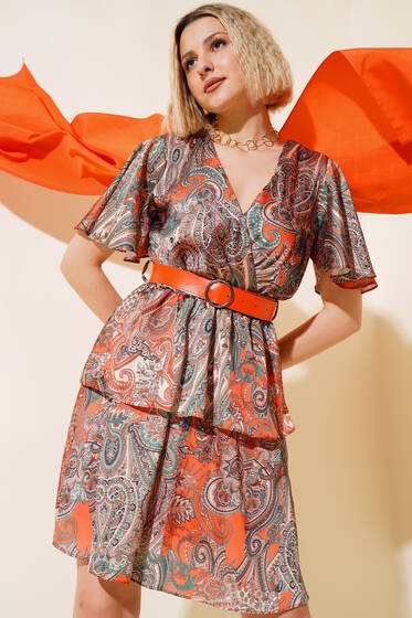 Etnik Desen Saten Elbise Yeşil Oranj - Yeni Giyim