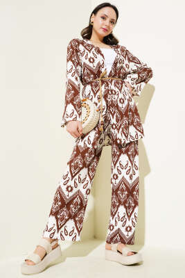 Etnik Desenli Bürümcük Kimono İkili Takım Kahve - Kadın Giyim Modelleri