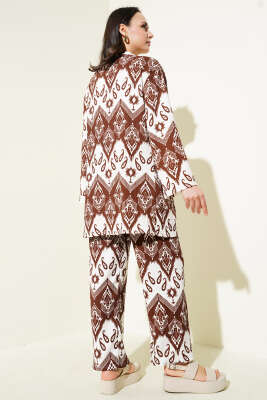 Etnik Desenli Bürümcük Kimono İkili Takım Kahve - Kadın Giyim Modelleri