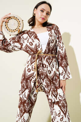 Etnik Desenli Bürümcük Kimono İkili Takım Kahve - Kadın Giyim Modelleri