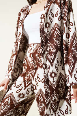 Etnik Desenli Bürümcük Kimono İkili Takım Kahve - Kadın Giyim Modelleri