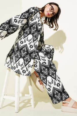 Etnik Desenli Bürümcük Kimono İkili Takım Siyah 