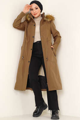 Fermuarlı Cepli Kapüşonlu Mont Taba