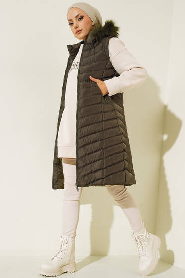 Fermuarlı Cepli Kapüşonlu Şişme Yelek Haki - Yelek