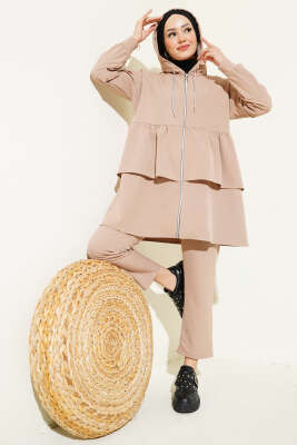 Fermuarlı Fırfırlı Dabıl İkili Takım Bej - TEGOE