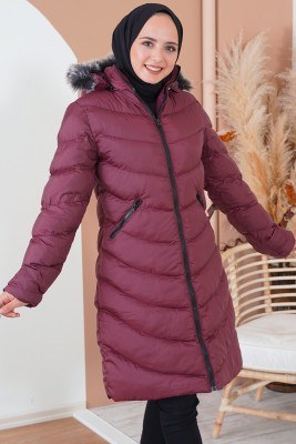 Fermuarlı Kapüşonlu Bordo Şişme Mont