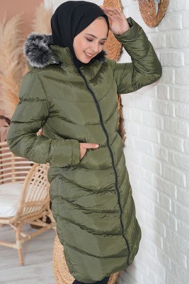 Fermuarlı Kapüşonlu Haki Şişme Mont