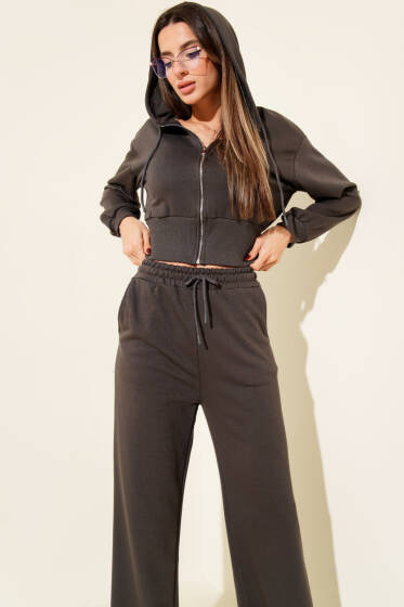 Fermuarlı Kapüşonlu Kısa Hırkalı İkili Takım Füme - Kadın Giyim Modelleri