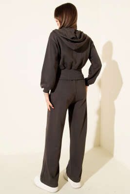 Fermuarlı Kapüşonlu Kısa Hırkalı İkili Takım Füme - Kadın Giyim Modelleri