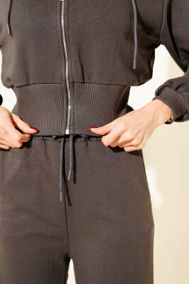 Fermuarlı Kapüşonlu Kısa Hırkalı İkili Takım Füme - Kadın Giyim Modelleri