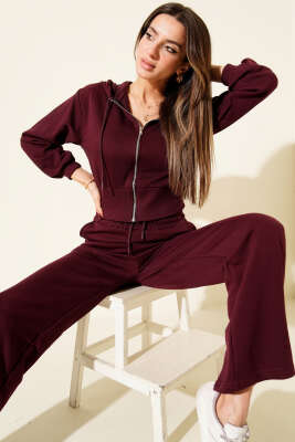 Fermuarlı Kapüşonlu Kısa Hırkalı İkili Takım Mürdüm - CALİENTE