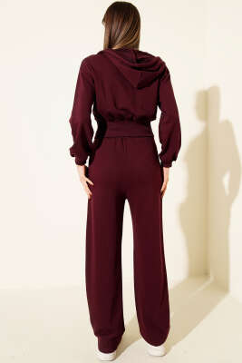 Fermuarlı Kapüşonlu Kısa Hırkalı İkili Takım Mürdüm - Kadın Giyim Modelleri