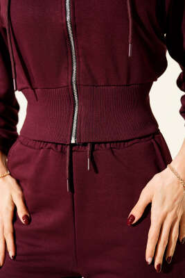 Fermuarlı Kapüşonlu Kısa Hırkalı İkili Takım Mürdüm - Kadın Giyim Modelleri