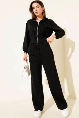 Fermuarlı Kapüşonlu Kısa Hırkalı İkili Takım Siyah - CALİENTE