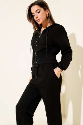 Fermuarlı Kapüşonlu Kısa Hırkalı İkili Takım Siyah - Kadın Giyim Modelleri