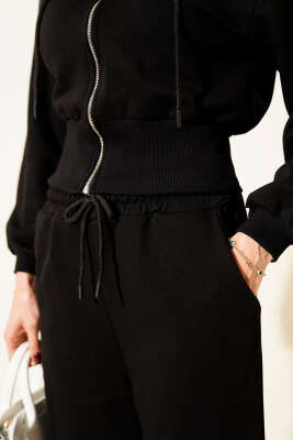 Fermuarlı Kapüşonlu Kısa Hırkalı İkili Takım Siyah - Kadın Giyim Modelleri