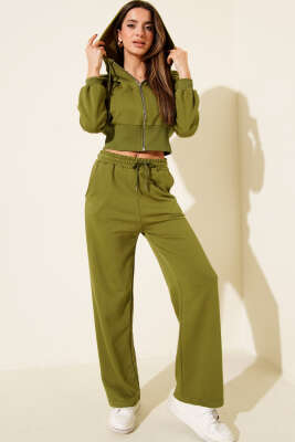 Fermuarlı Kapüşonlu Kısa Hırkalı İkili Takım Yağ Yeşili - CALİENTE