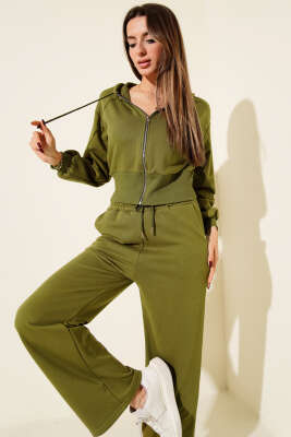 Fermuarlı Kapüşonlu Kısa Hırkalı İkili Takım Yağ Yeşili - Kadın Giyim Modelleri