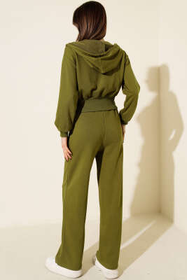 Fermuarlı Kapüşonlu Kısa Hırkalı İkili Takım Yağ Yeşili - Kadın Giyim Modelleri