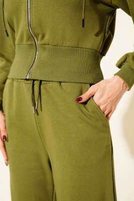 Fermuarlı Kapüşonlu Kısa Hırkalı İkili Takım Yağ Yeşili - Kadın Giyim Modelleri