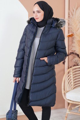 Fermuarlı Kapüşonlu Lacivert Şişme Mont 