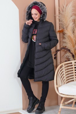 Fermuarlı Kapüşonlu Siyah Şişme Mont