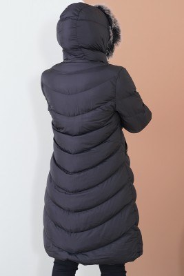 Fermuarlı Kapüşonlu Siyah Şişme Mont - Bayan Mont