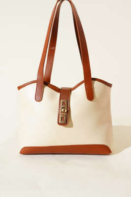 Fermuarlı Kilit Detaylı Kol Çanta Krem Taba - Kol Çantası