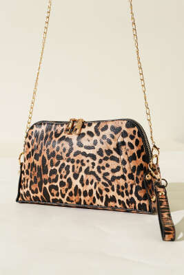 Fermuarlı Zincir Askılı Çanta Leopar Kahve 