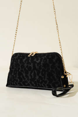 Fermuarlı Zincir Askılı Çanta Leopar Siyah 