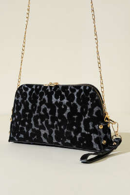 Fermuarlı Zincir Askılı Çanta Siyah Mavi 