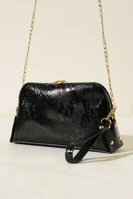 Fermuarlı Zincir Askılı Çanta Siyah Yılan 