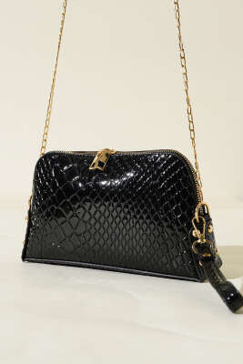 Fermuarlı Zincir Askılı Çanta Siyah Kroko 