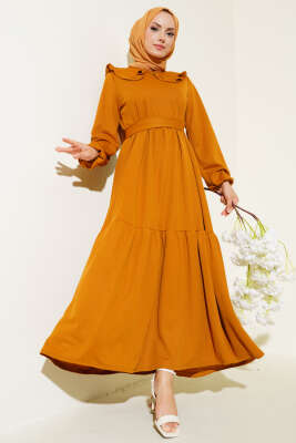 Fırfırlı Bebe Yaka Kuşaklı Elbise Hardal - UKBE