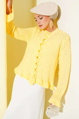 Fırfırlı Düğmeli Kısa Triko Hırka Sarı