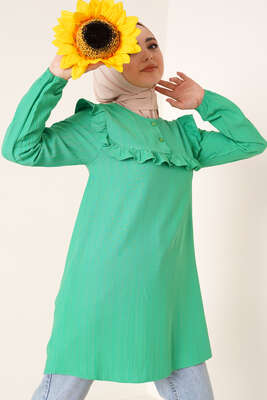 Fırfırlı İki Düğmeli Tunik Yeşil