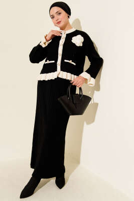 Fırfırlı İncili Etekli Triko İkili Takım Siyah