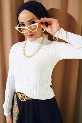 Fitilli Esnek Triko Kazak Beyaz