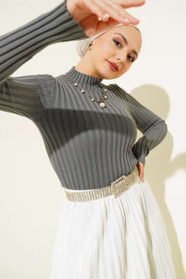 Fitilli Esnek Triko Kazak Füme - Triko Kazak