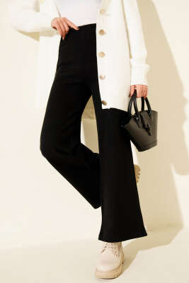 Fitilli Geniş Paça Kaşe Pantolon Siyah - Pantolon