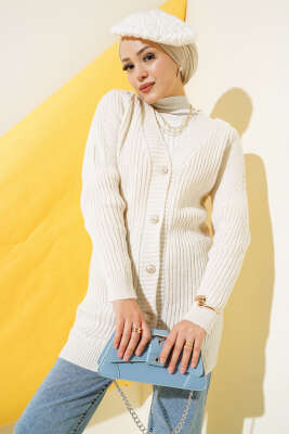 Fitilli Önü Düğmeli Triko Hırka Bej 