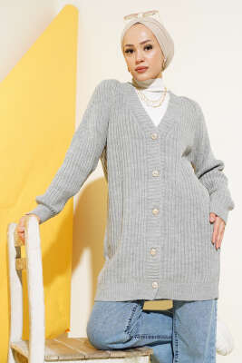 Fitilli Önü Düğmeli Triko Hırka Gri - Hırka