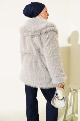 Geniş Yaka Kürklü Mont Gri - Kaban