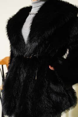 Geniş Yaka Kürklü Mont Siyah - Mont